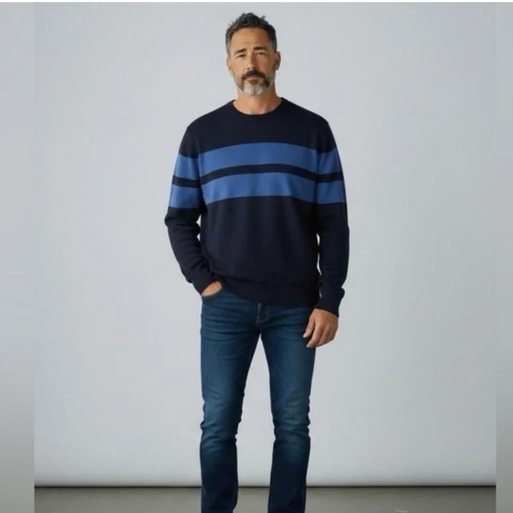 Banana Republic Mens Silk Cashmere Cotton Striped Crewneck Sweater‎ Navy Blue L